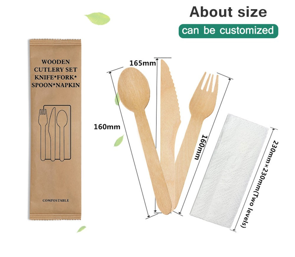 一次性木质刀+叉+勺+餐巾4合1套装 | 一次性环保木制餐具套装 | 一次性餐饮用品