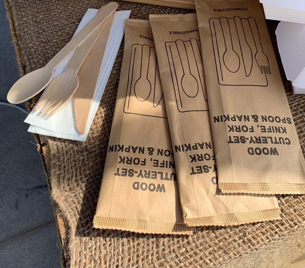一次性木质刀+叉+勺+餐巾4合1套装 | 一次性环保木制餐具套装 | 一次性餐饮用品