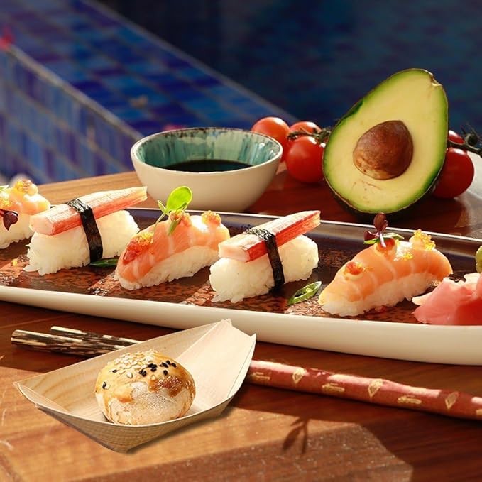 Wholesale Disposable Wooden Boats | Wholesale Disposable Wooden Sushi Boats | Natural Poplar Disposable Food Boats | Environmentally friendly, biodegradable and compostable disposable boat-shaped tableware | Wholesale Disposable Japanese Food Containers 