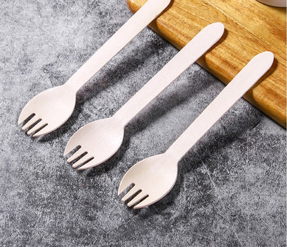 Disposable Wooden Sporks Wholesale | JIALI Eco-friendly 3 Prong Fork and Spoon | Wood Mini Spork 