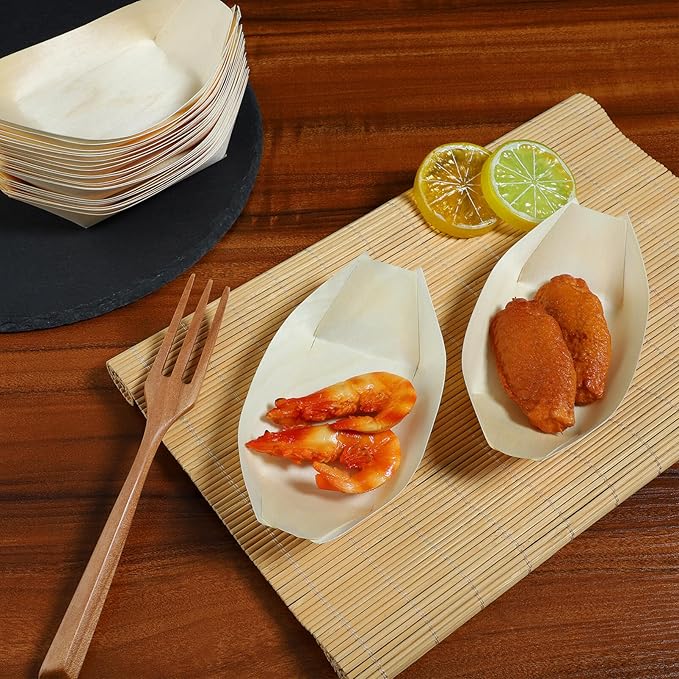 Wholesale Disposable Wooden Boats | Wholesale Disposable Wooden Sushi Boats | Natural Poplar Disposable Food Boats | Environmentally friendly, biodegradable and compostable disposable boat-shaped tableware | Wholesale Disposable Japanese Food Containers 